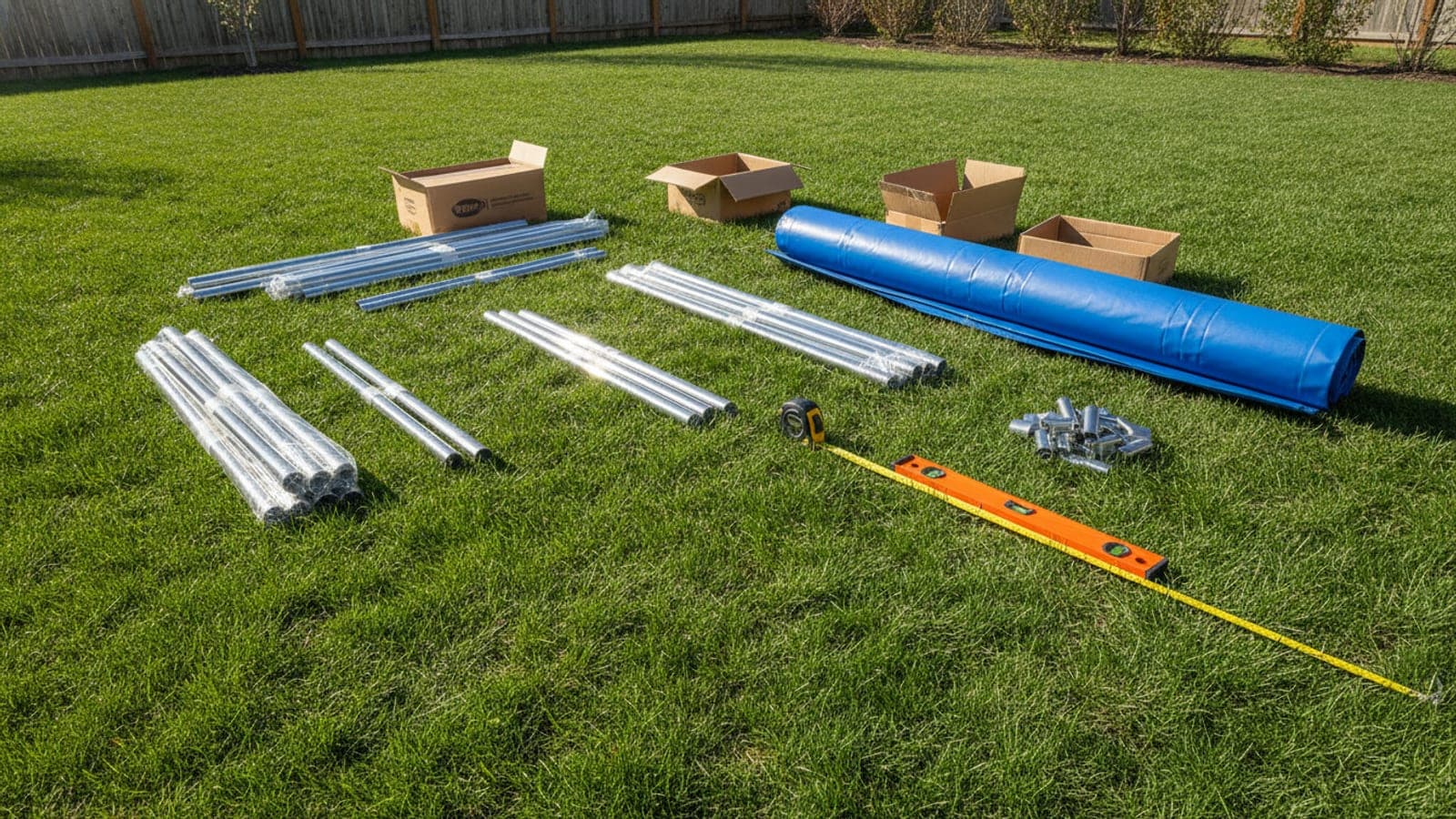 Above-ground pool kit parts laid out beside a calculator, level, and backyard measuring tape