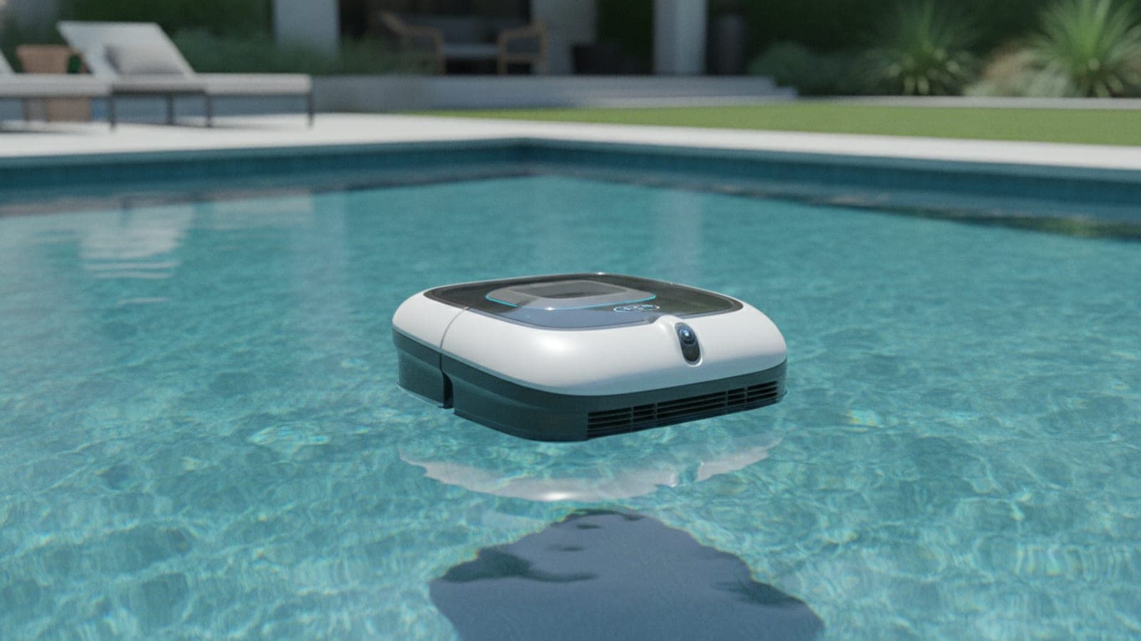 Beatbot-style robotic pool cleaner beside a clean backyard pool with product comparison notes
