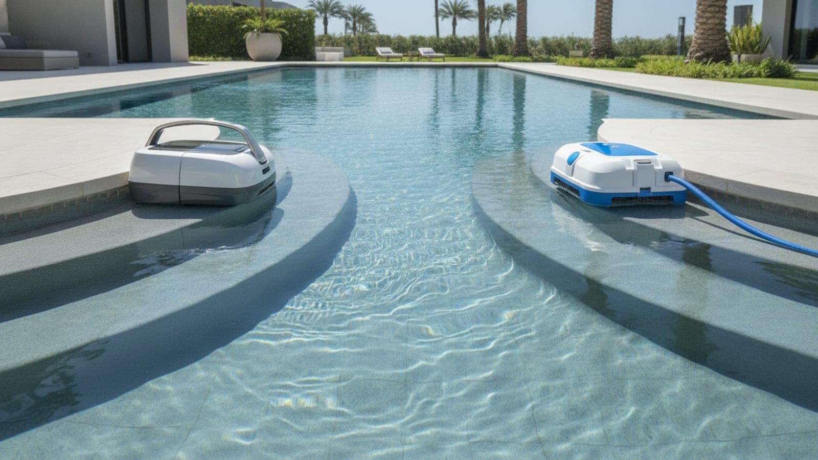 Premium robotic pool cleaners compared near a modern backyard pool