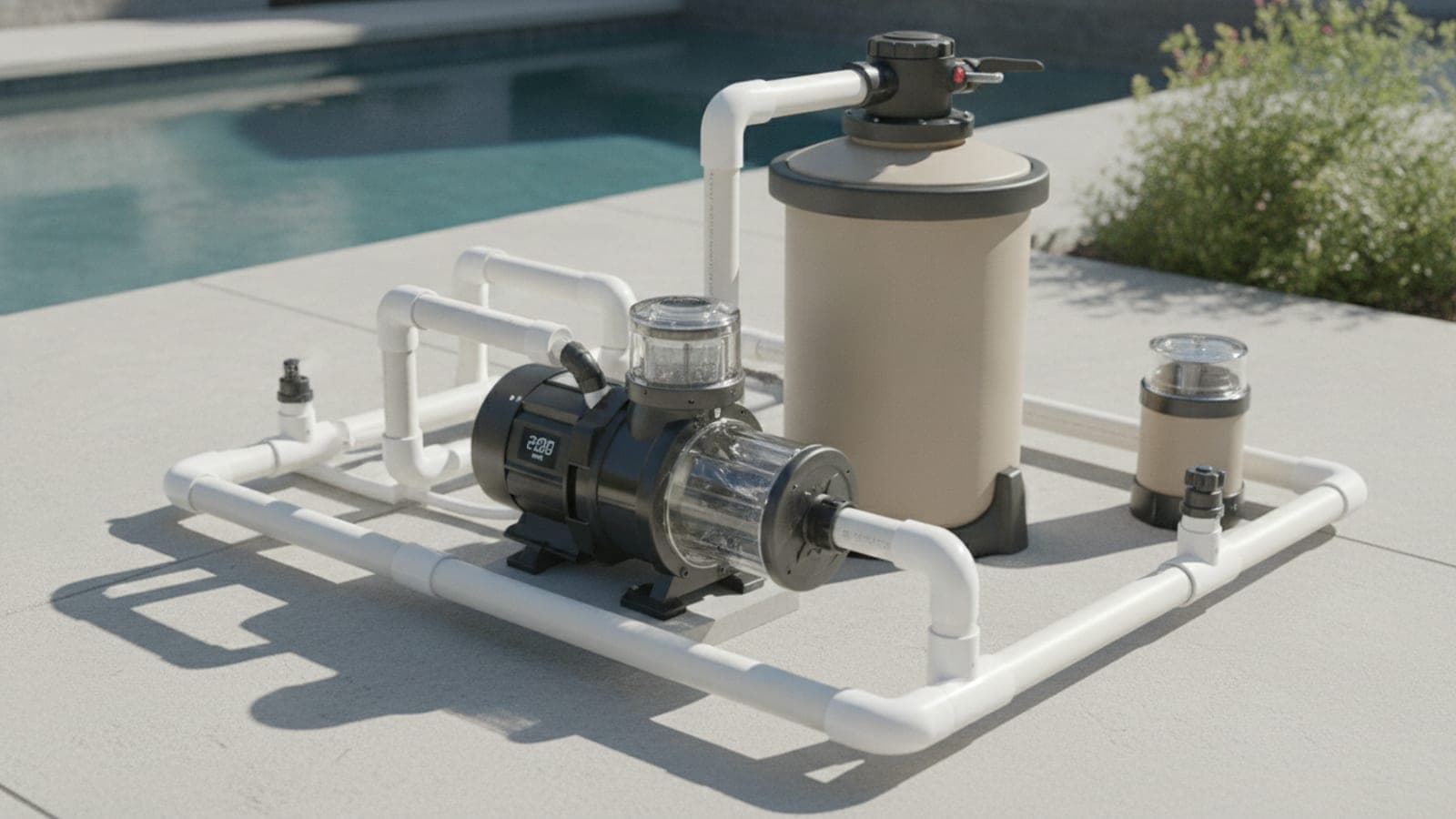 Variable speed pool pump installed beside a backyard swimming pool equipment pad
