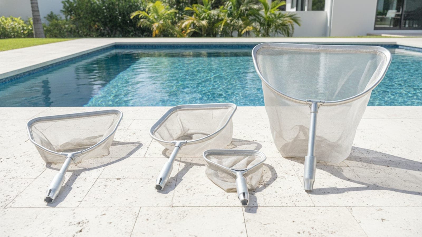 Pool skimmer net, skimmer basket, and floating robotic skimmer beside a clean backyard pool