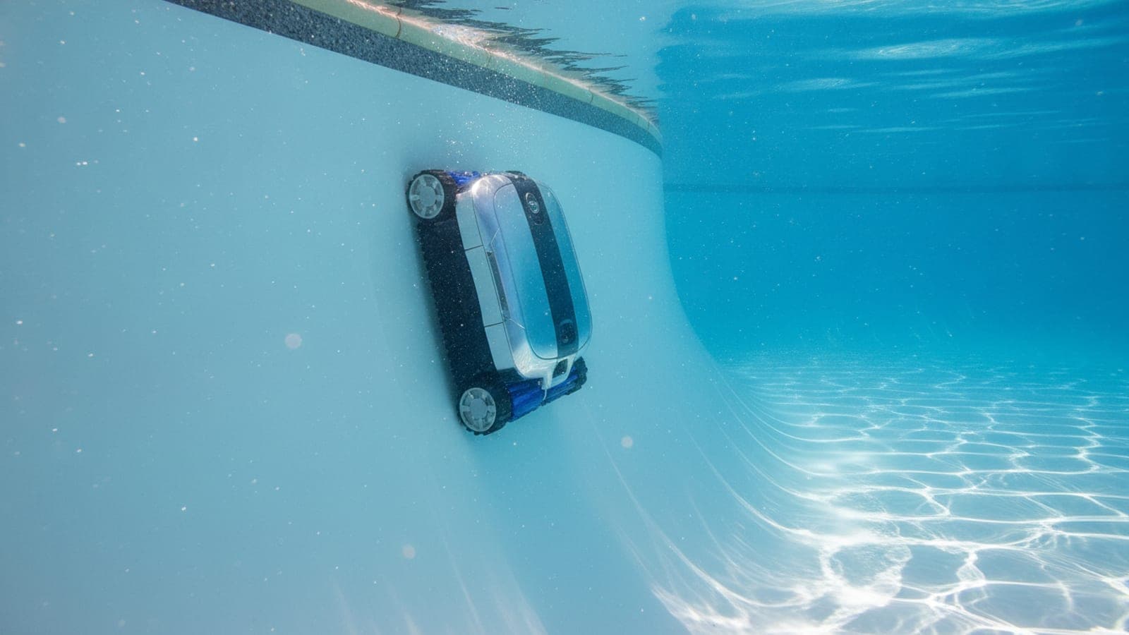Robotic pool cleaner moving across the smooth floor of a fiberglass pool