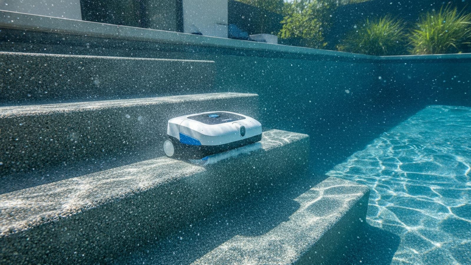 Robotic pool cleaner scrubbing the floor of a gunite pool