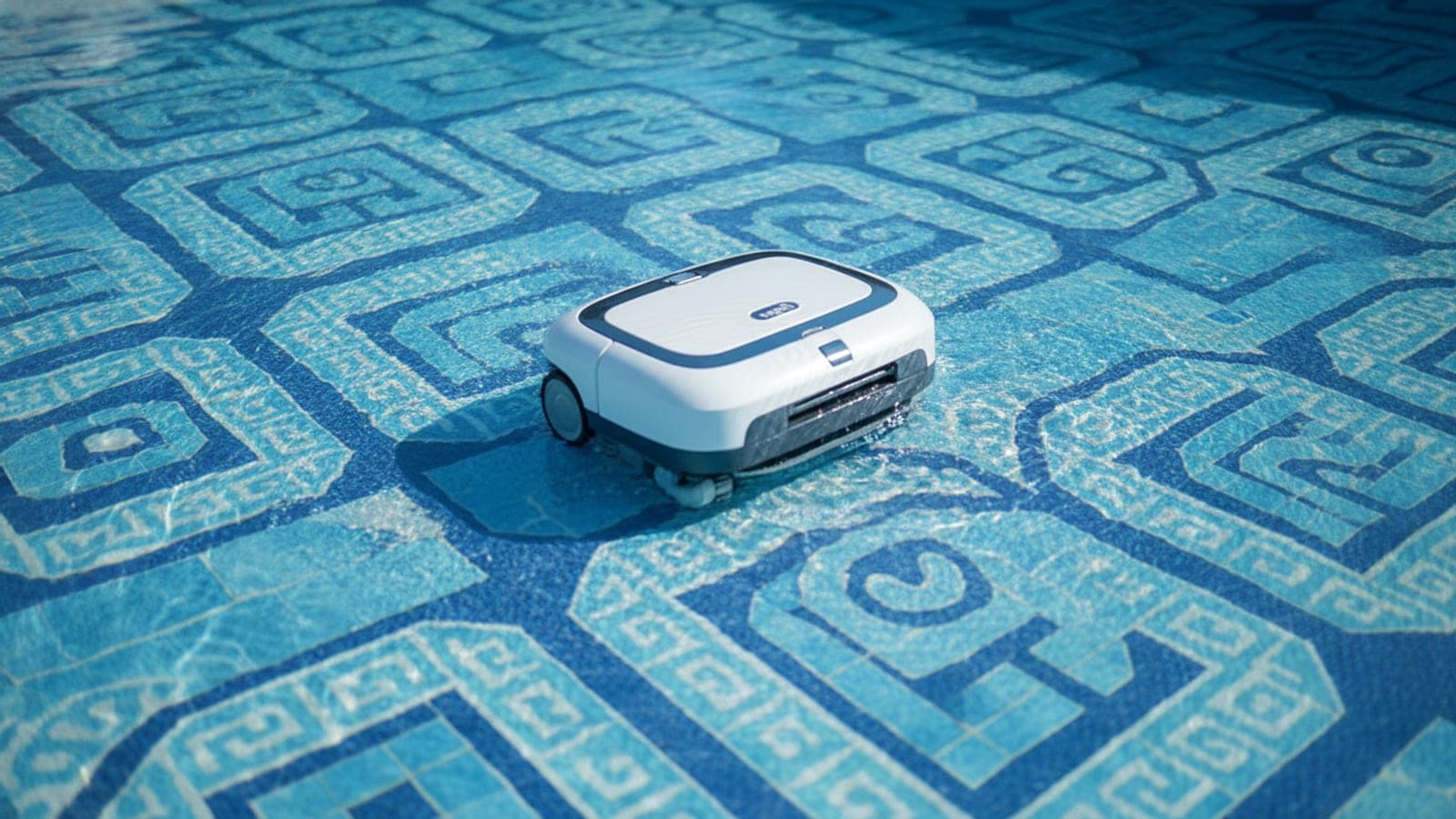 Robotic pool cleaner moving across the floor of a vinyl liner pool