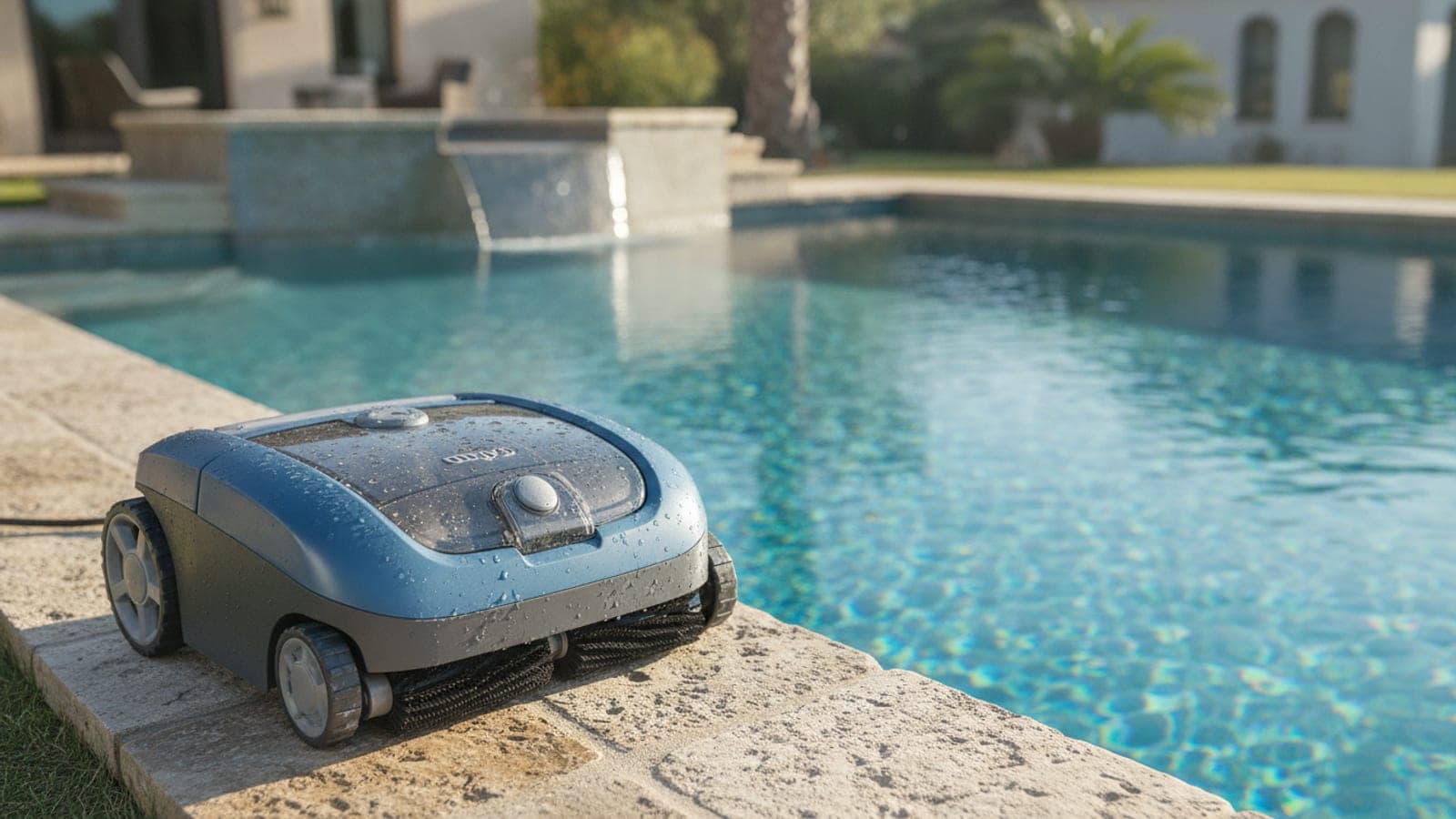 Midrange robotic pool cleaner being removed from a backyard pool