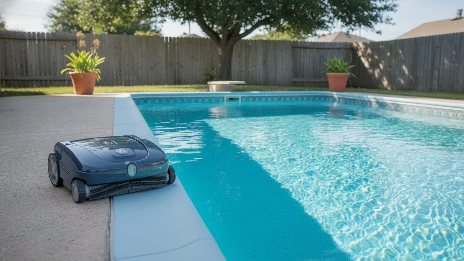 Budget robotic pool cleaner beside a small backyard pool