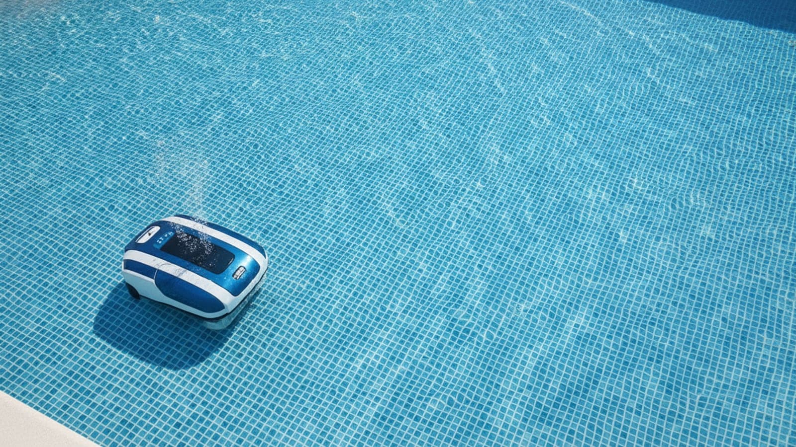 Robotic pool cleaner being lifted out of a backyard pool after cleaning