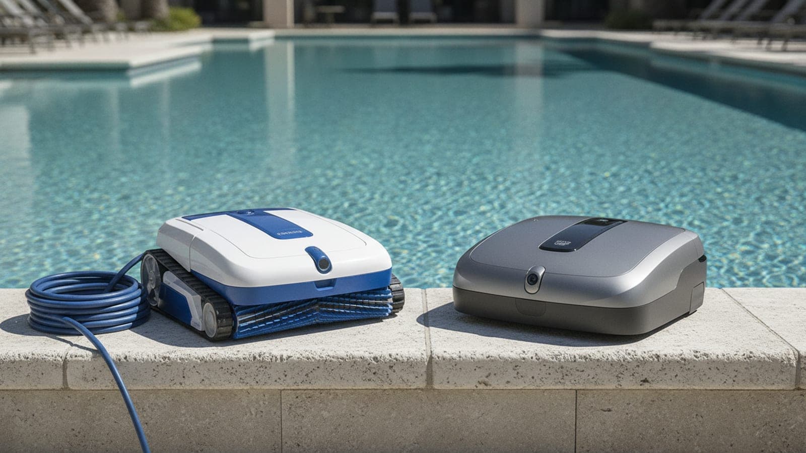 Two robotic pool cleaners compared beside an inground pool