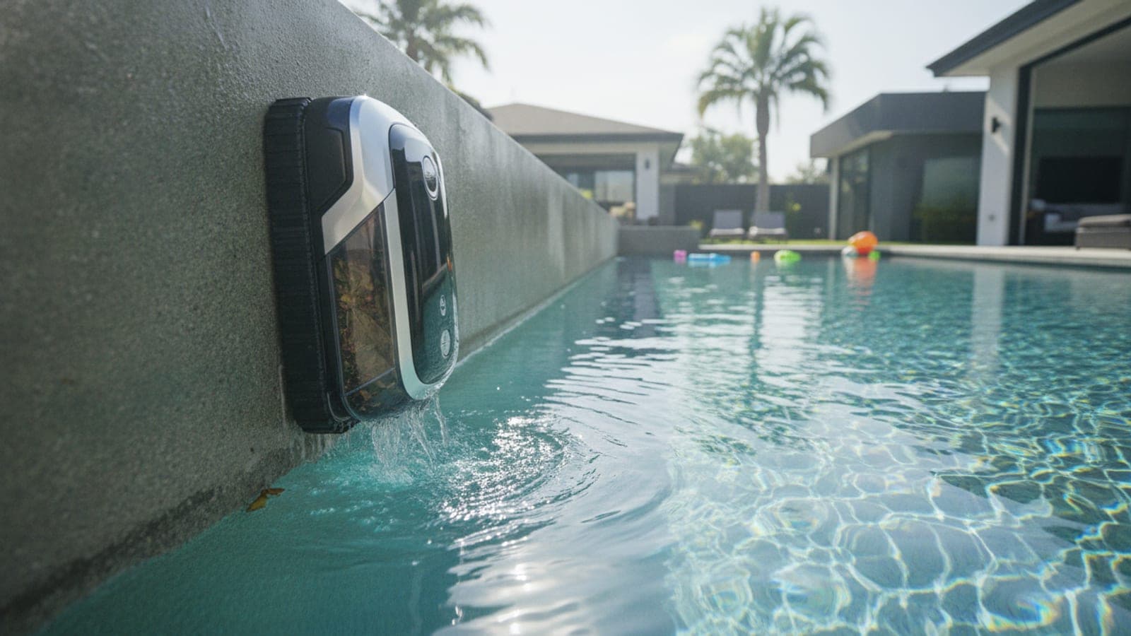 Robotic pool cleaner sitting on the pool floor during a normal cleaning cycle