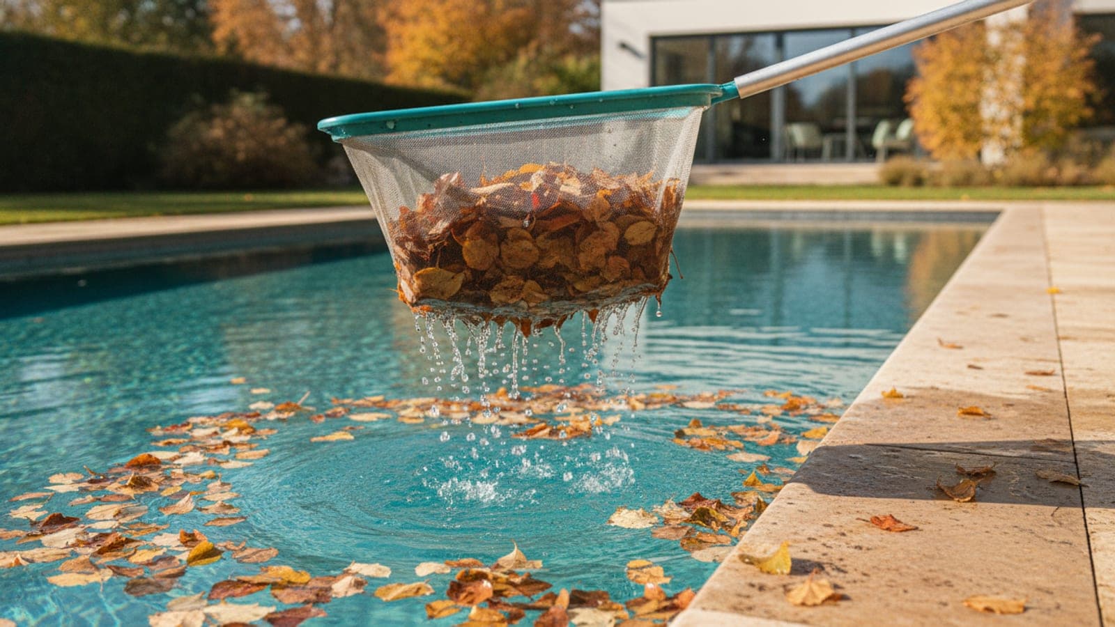 Pool leaf rake removing leaves from the bottom of a backyard swimming pool