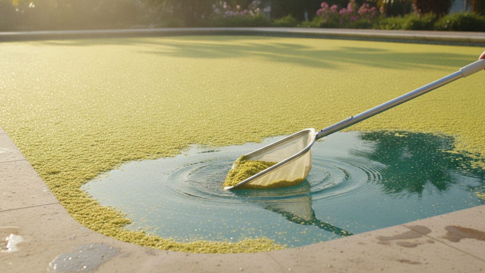 Yellow pollen film floating on the surface of a backyard swimming pool