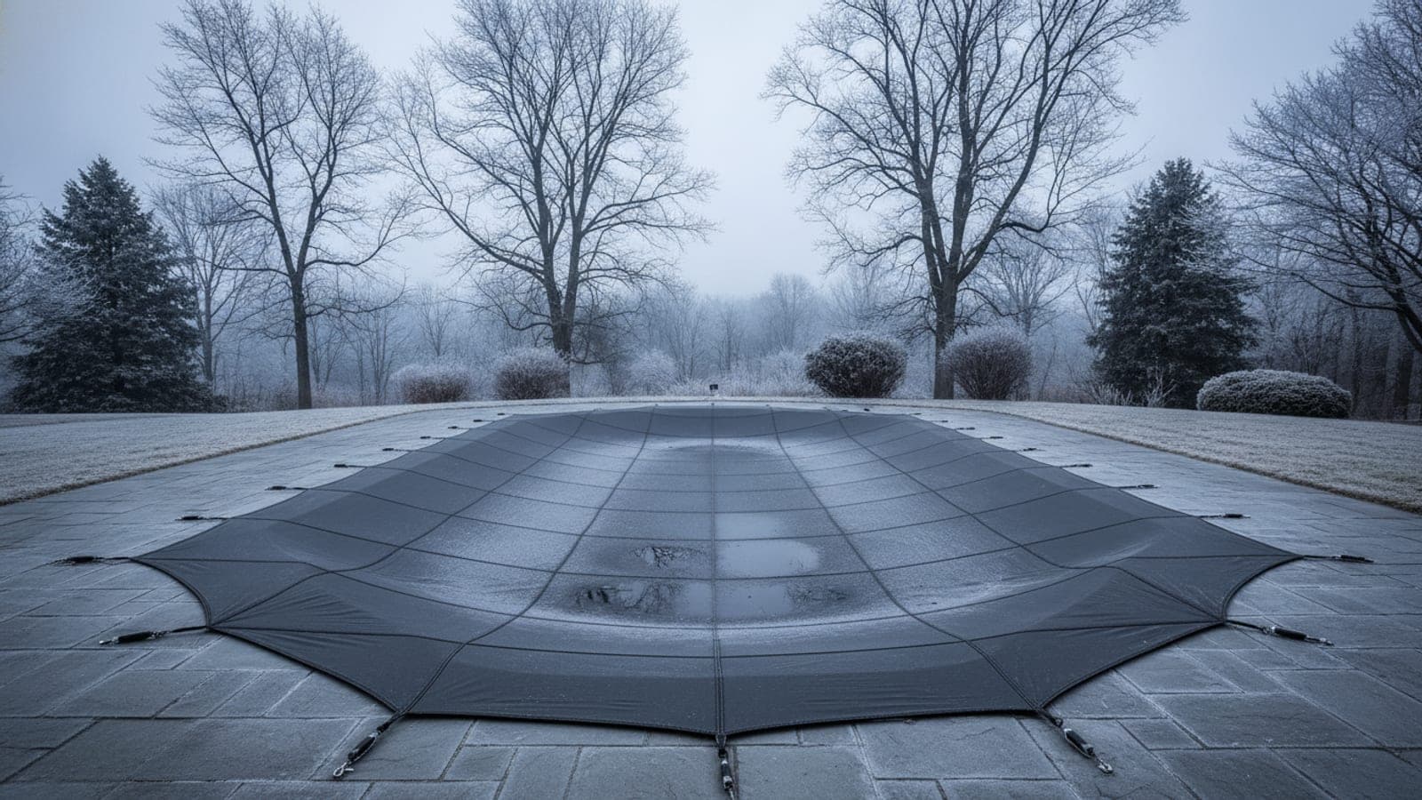 Pool being covered for winter with closing plugs and maintenance tools nearby