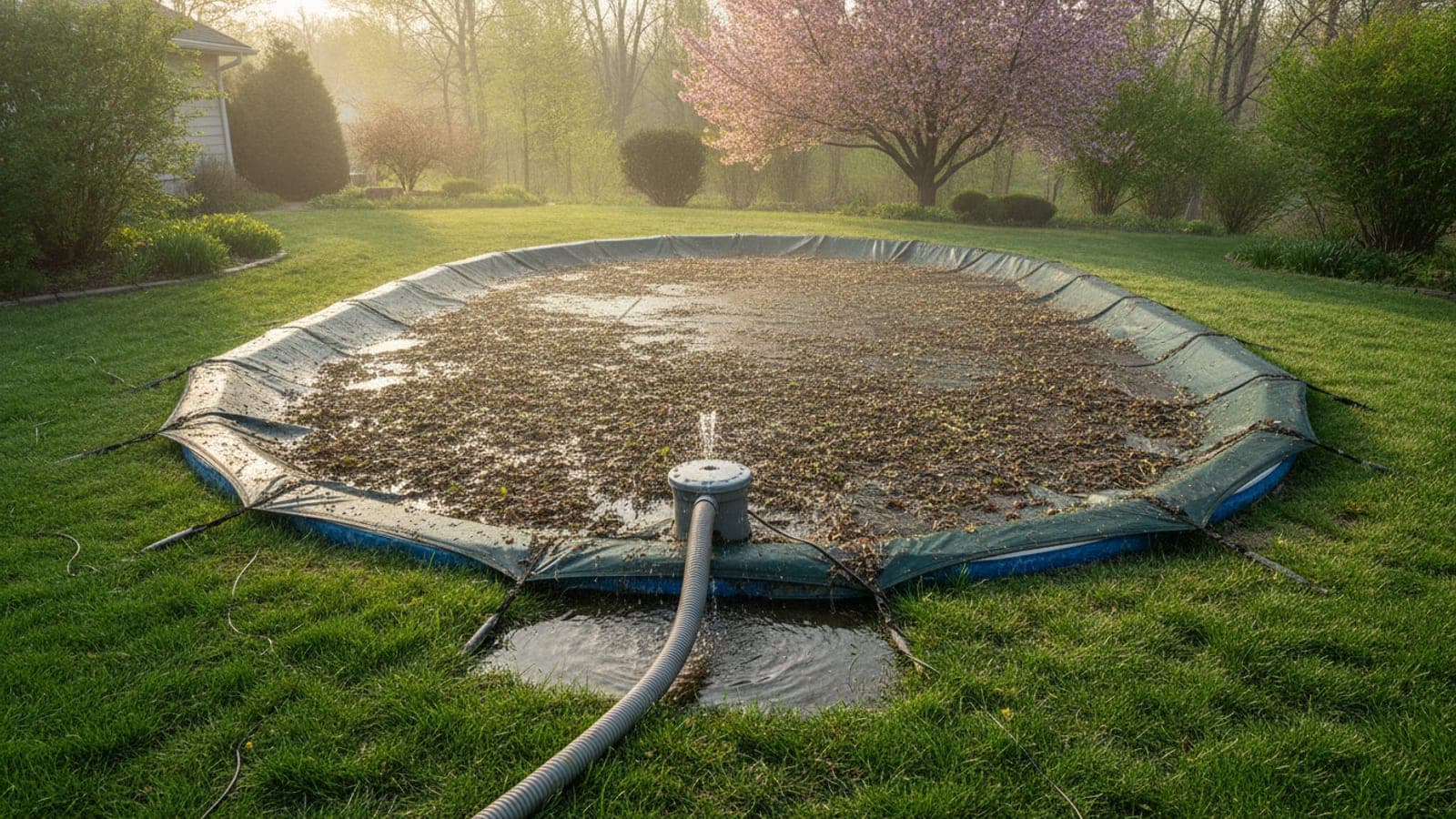 Above-ground pool being opened in spring with cover pulled back and cleaning tools nearby