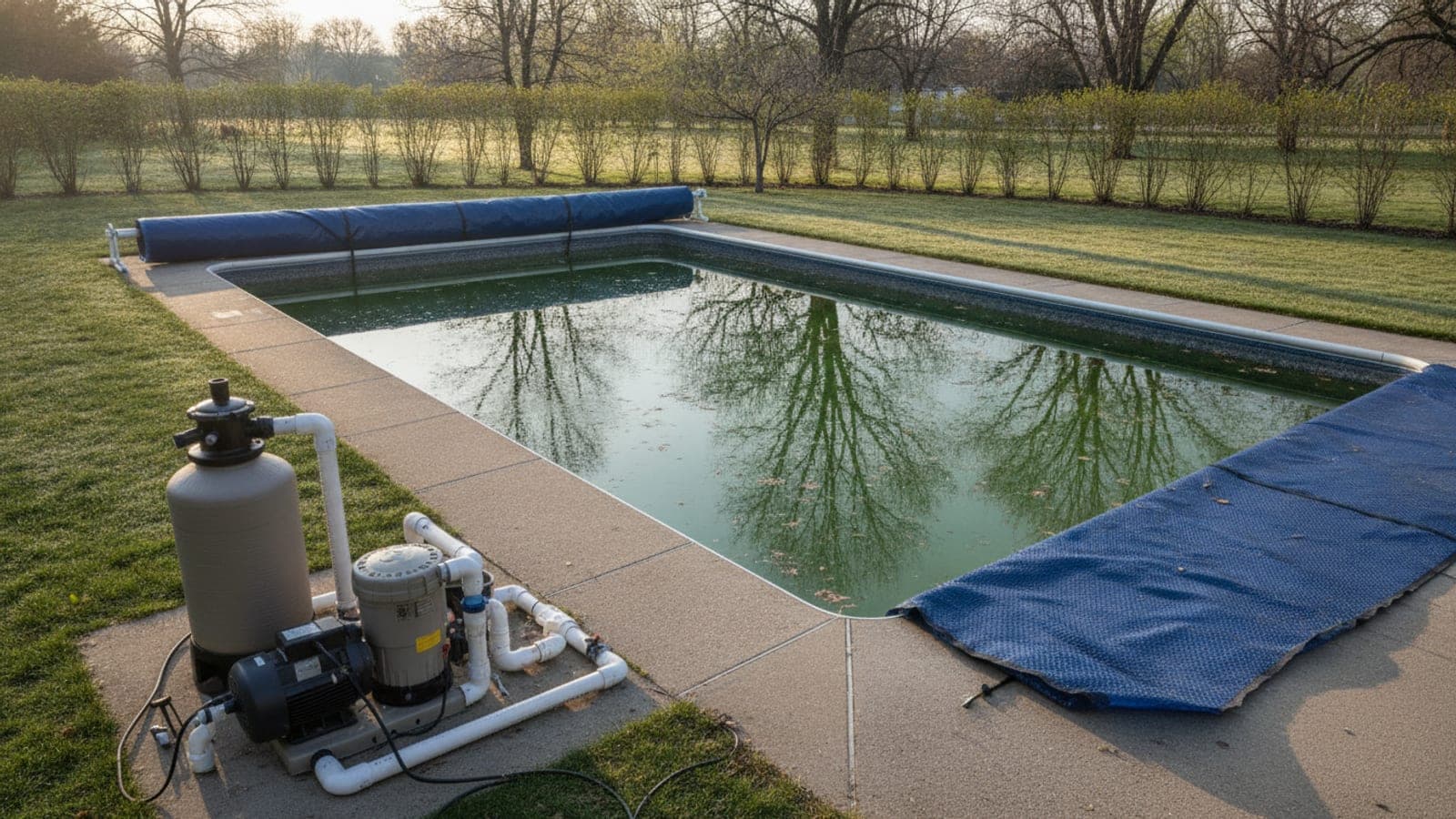 Inground pool being opened with cover removed and pool brush beside the water