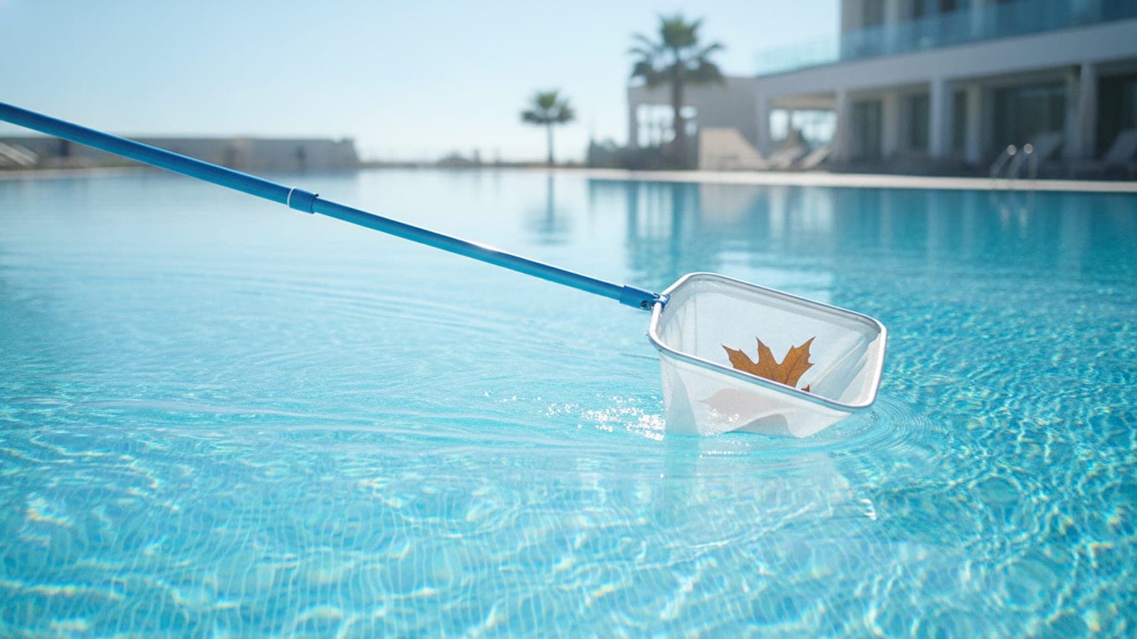Pool owner using a leaf skimmer net to remove leaves from a backyard swimming pool