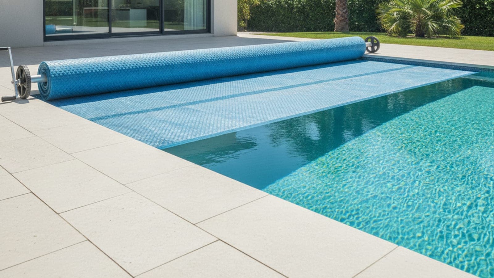 Pool cover partially rolled across a clean backyard swimming pool