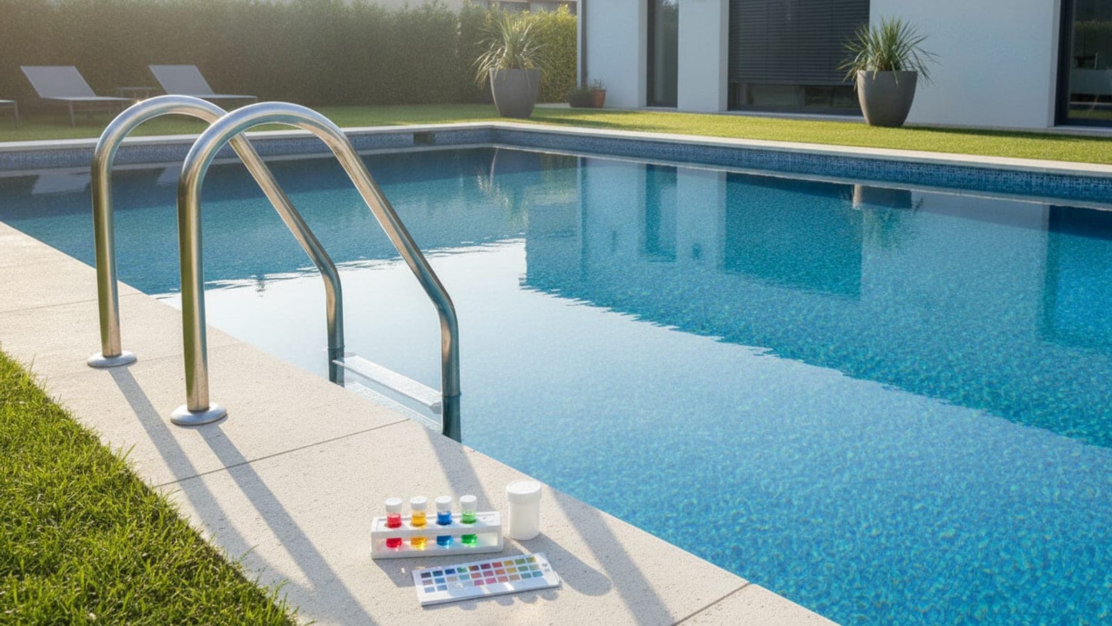 Pool test kit beside clear swimming pool water before swimmers enter