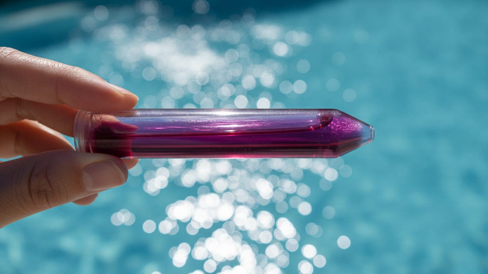 Pool water test kit showing high total alkalinity next to a backyard swimming pool