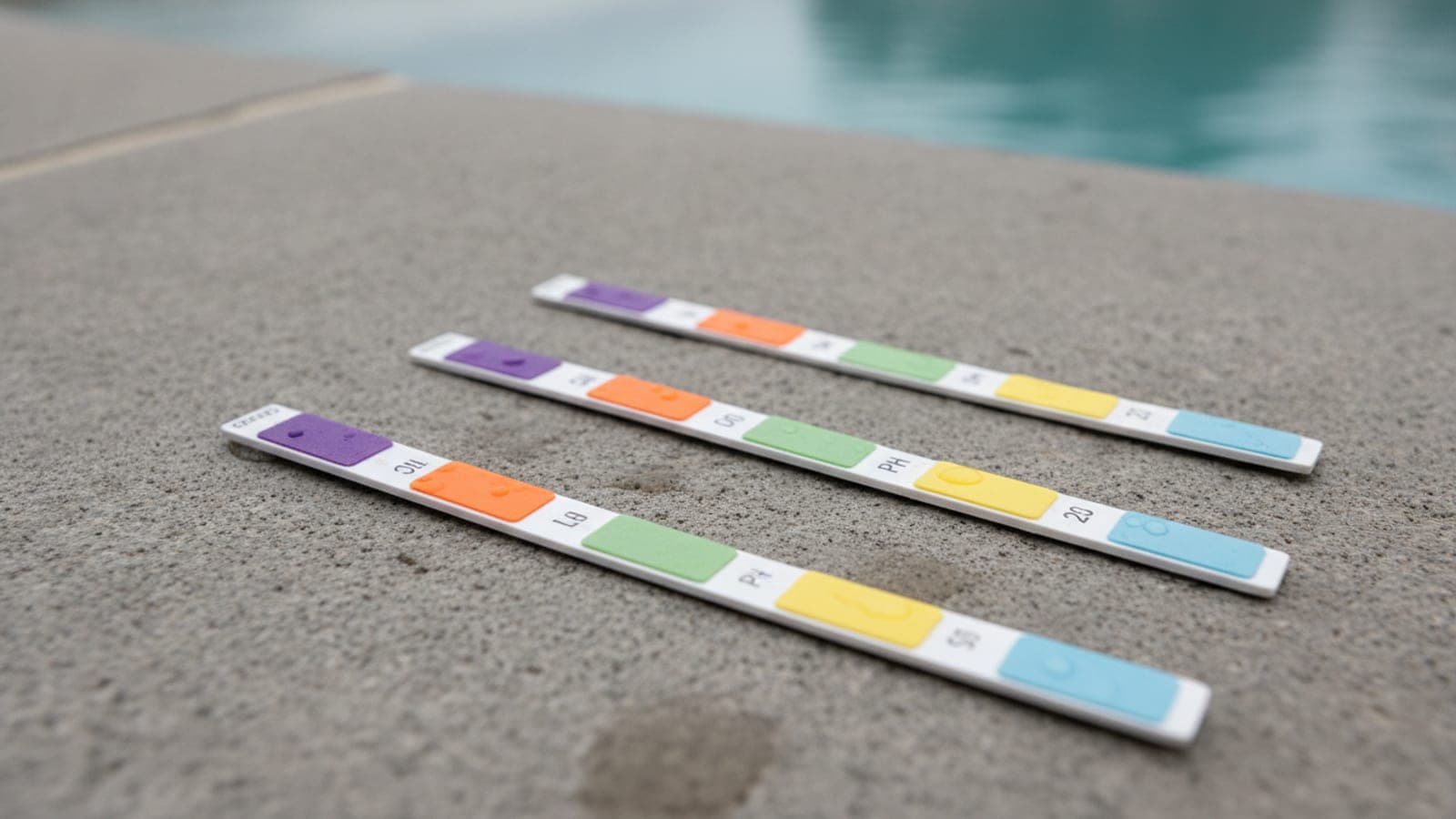 Pool test kit showing low total alkalinity beside clear backyard pool water