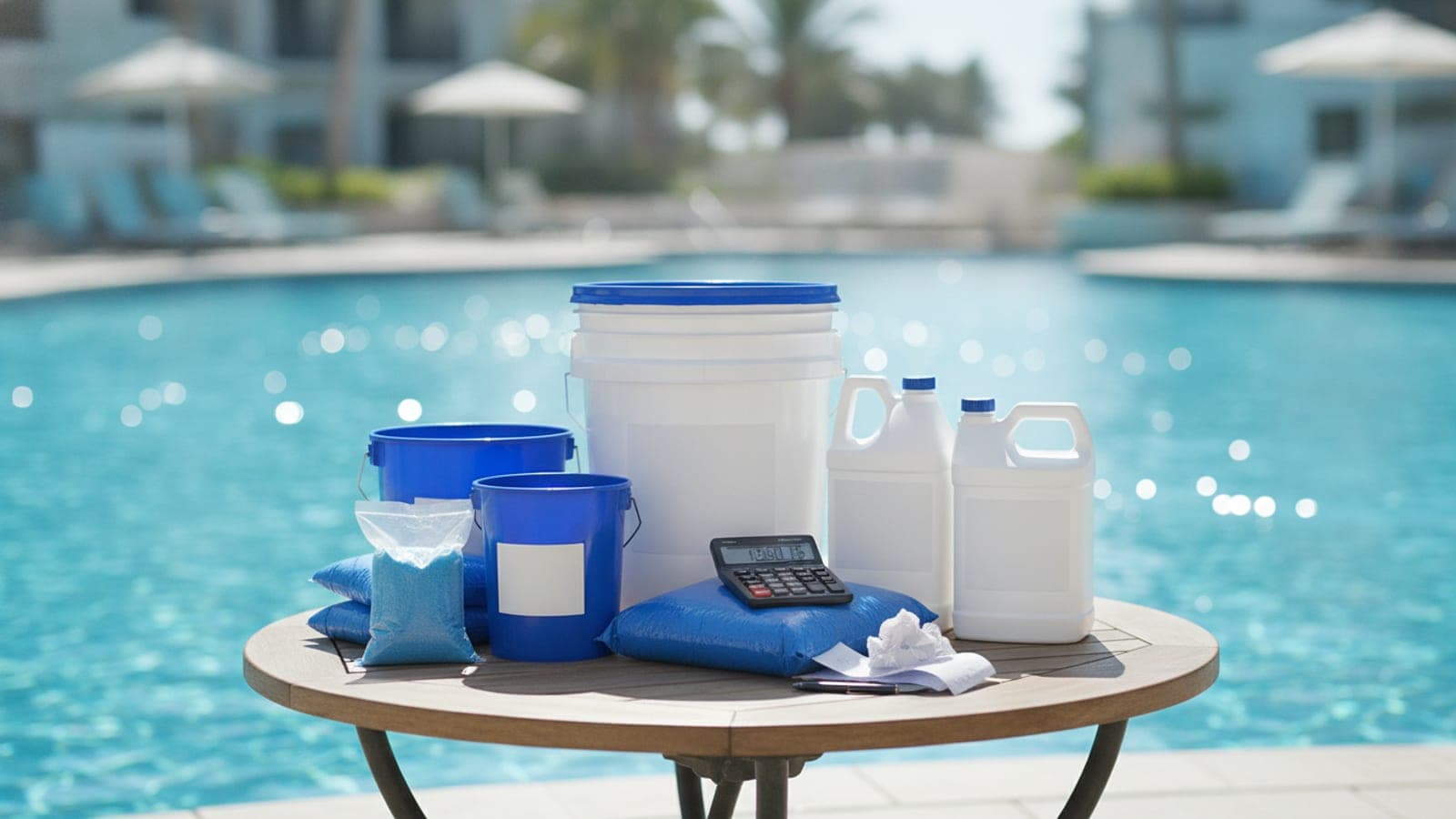 Pool chemicals, test kit, and calculator arranged beside a clean backyard pool