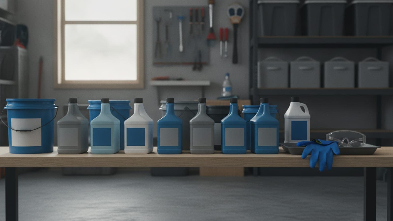 Pool chemicals stored separately on a dry shelf with gloves and goggles nearby