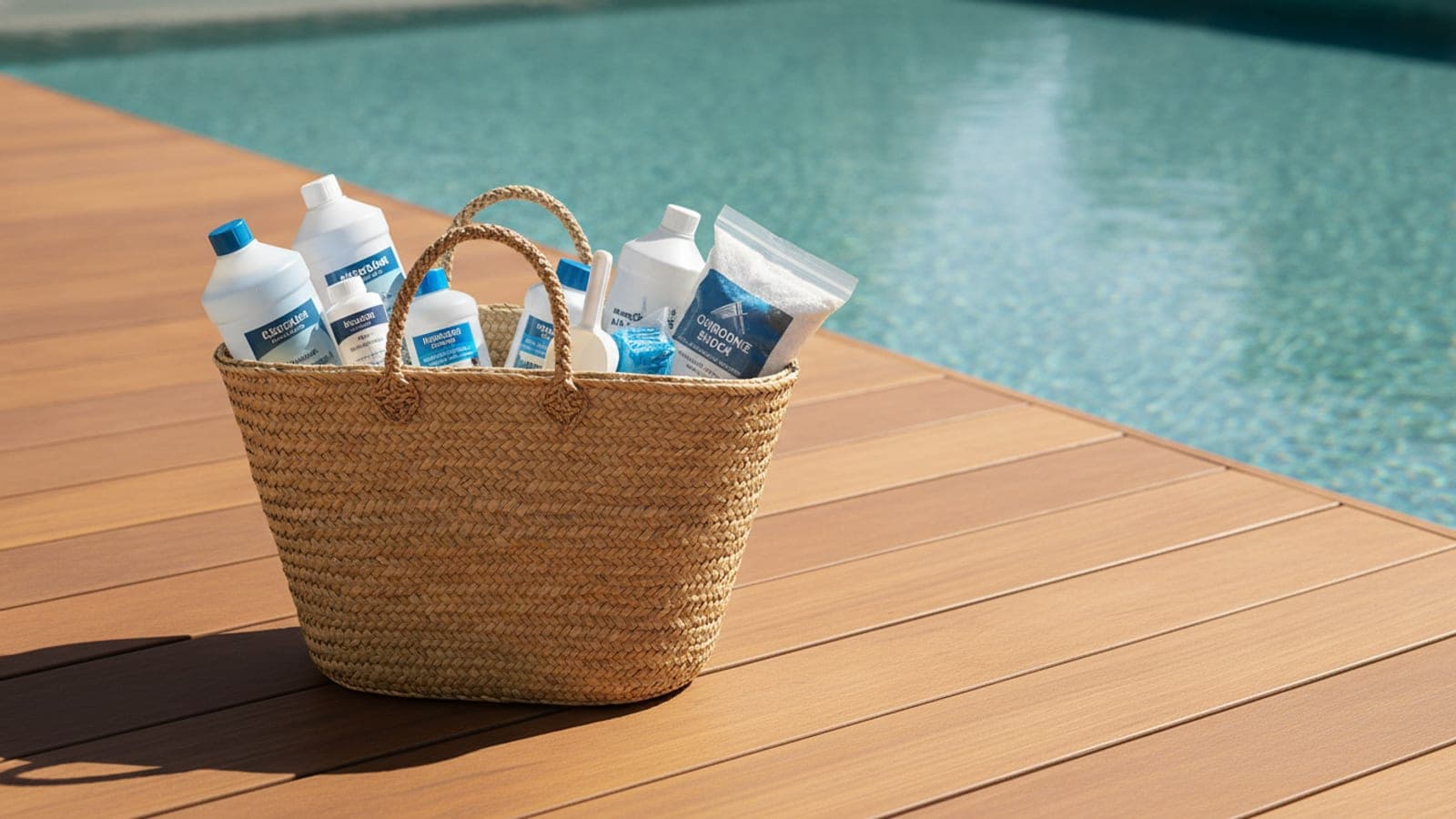 Pool chemicals, test kit, gloves, and measuring cup arranged safely on a dry table