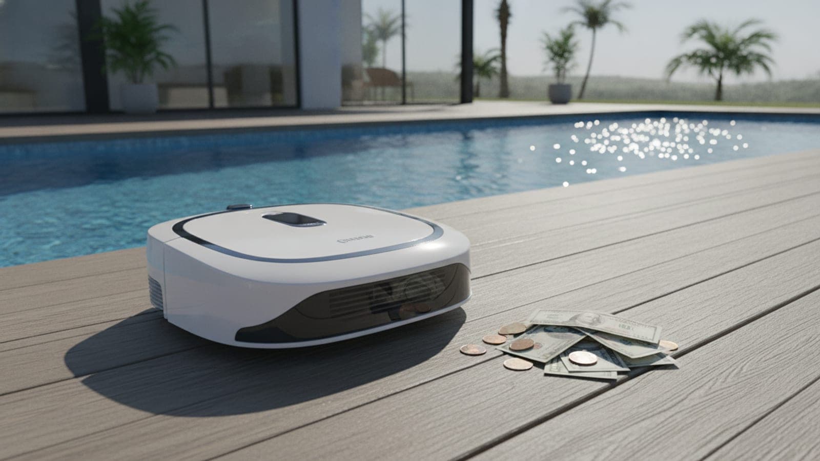 Pool cleaner deal page open on a laptop beside a backyard pool