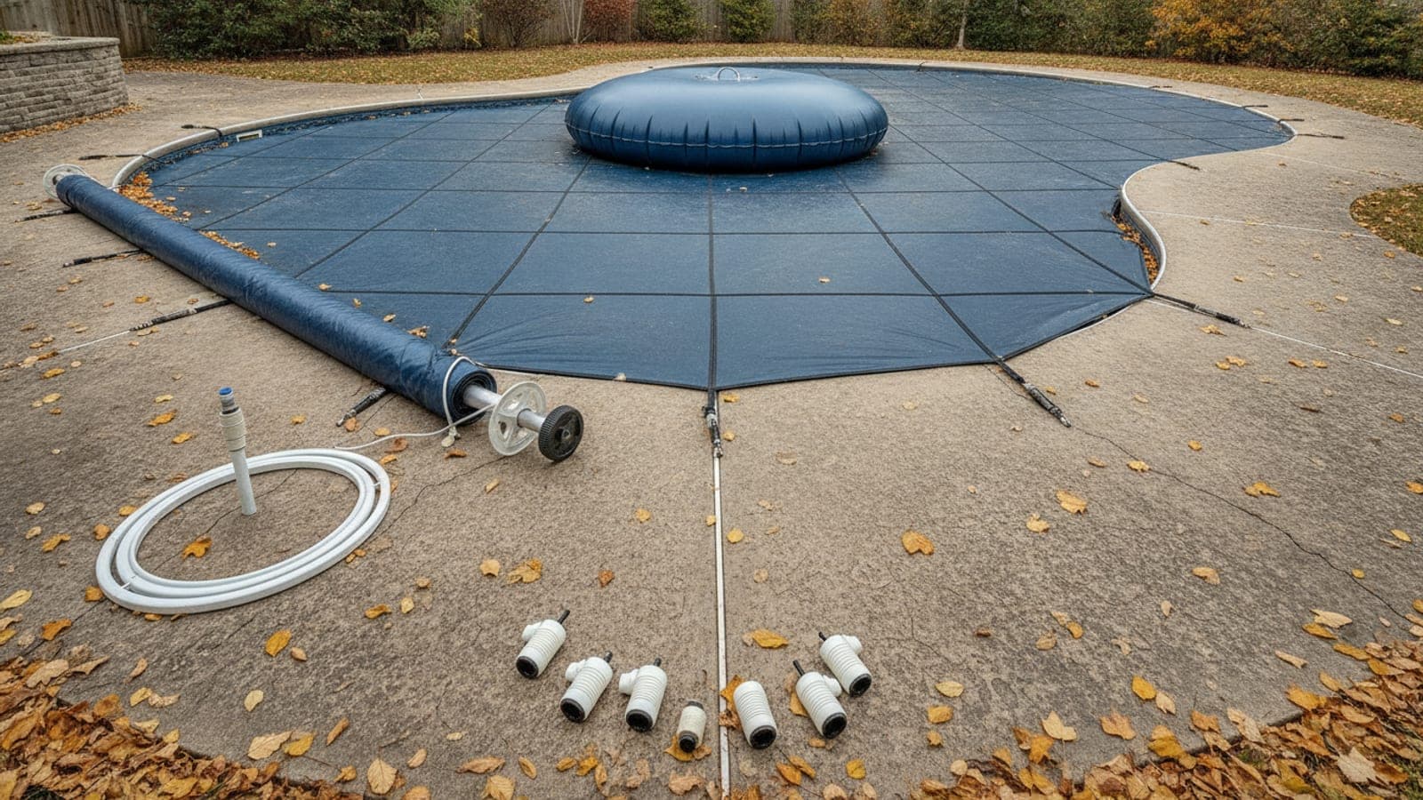 Pool owner checking a winter closing checklist beside a covered backyard pool