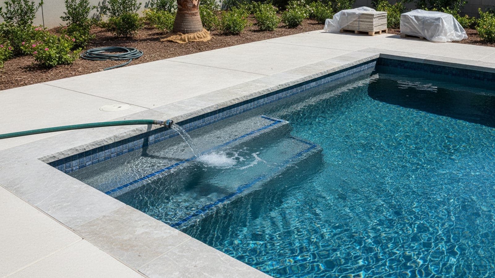 Backyard pool plan with calculator, measuring tape, and maintenance tools