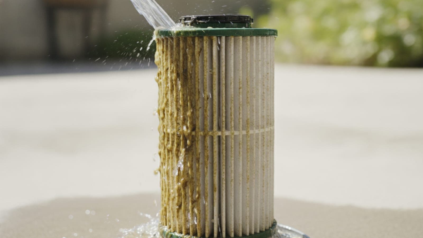 Pool filter cartridge being rinsed on a clean patio beside cartridge cleaner and hose nozzle