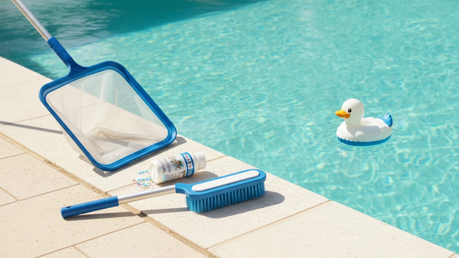 Beginner pool maintenance kit with test kit, brush, skimmer net, and clear backyard pool water