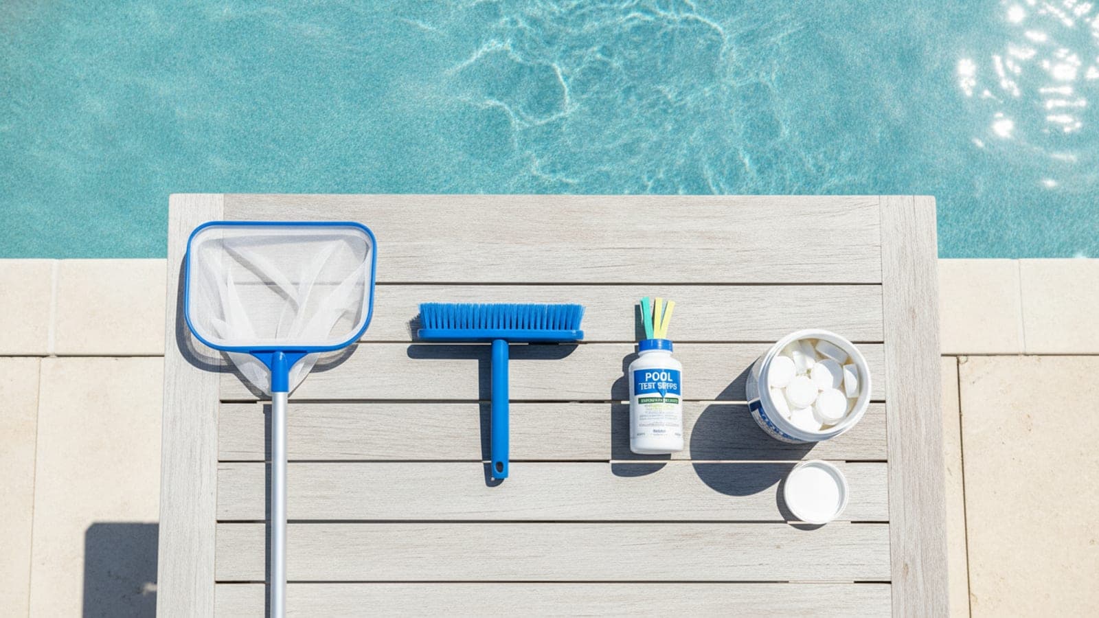 Pool test kit, skimmer net, brush, and maintenance checklist beside a backyard pool