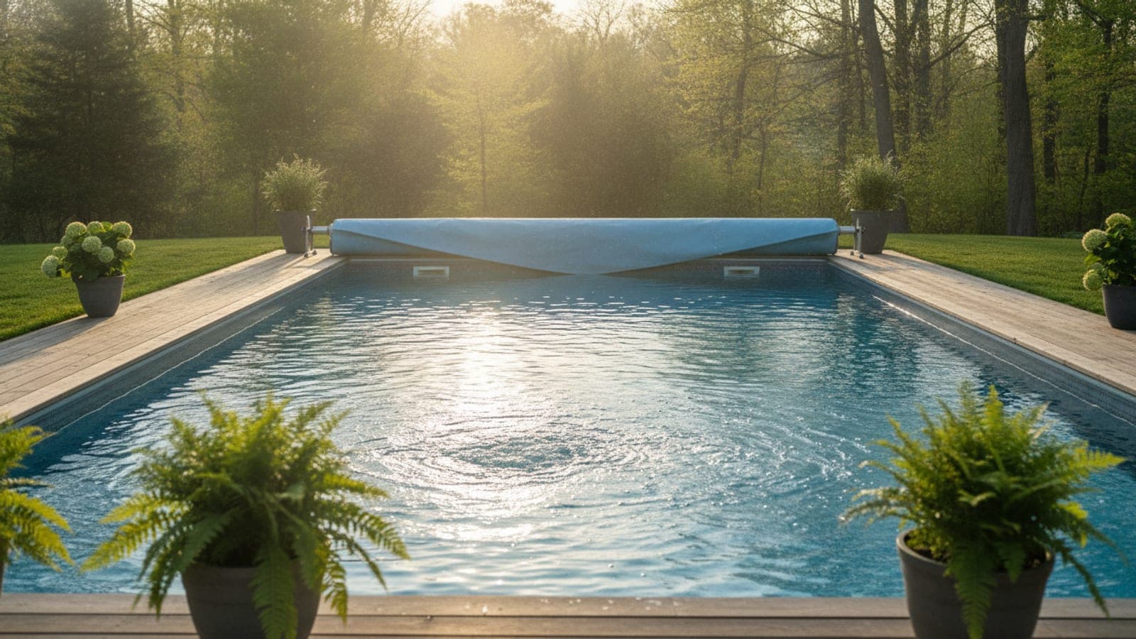 Pool cover being removed while cleaning tools and test kit sit nearby for spring opening