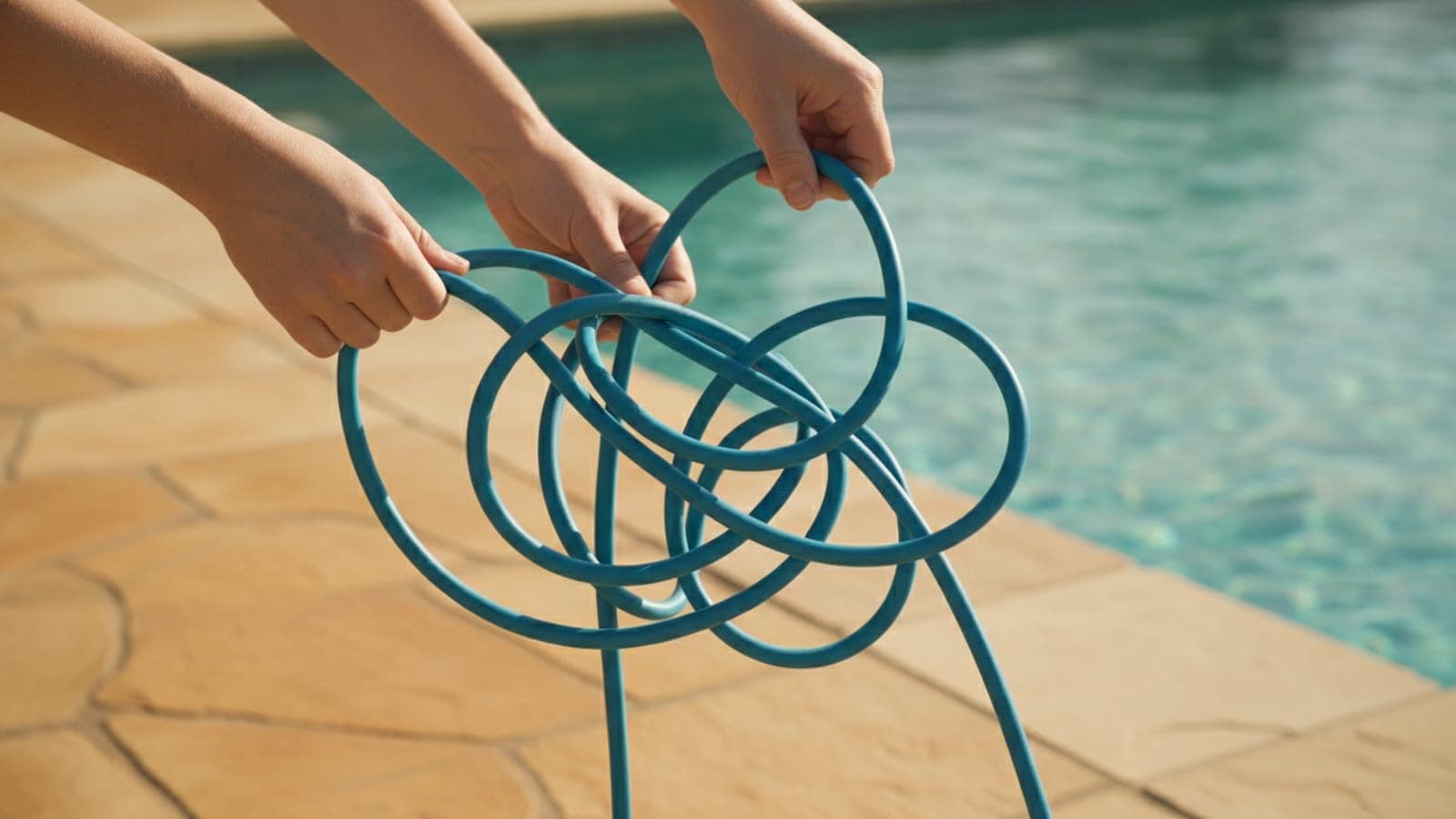 Tangled robotic pool cleaner cable beside the edge of a swimming pool