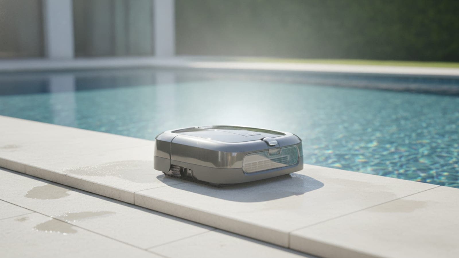 Homeowner comparing robotic pool cleaners on a tablet beside a backyard swimming pool