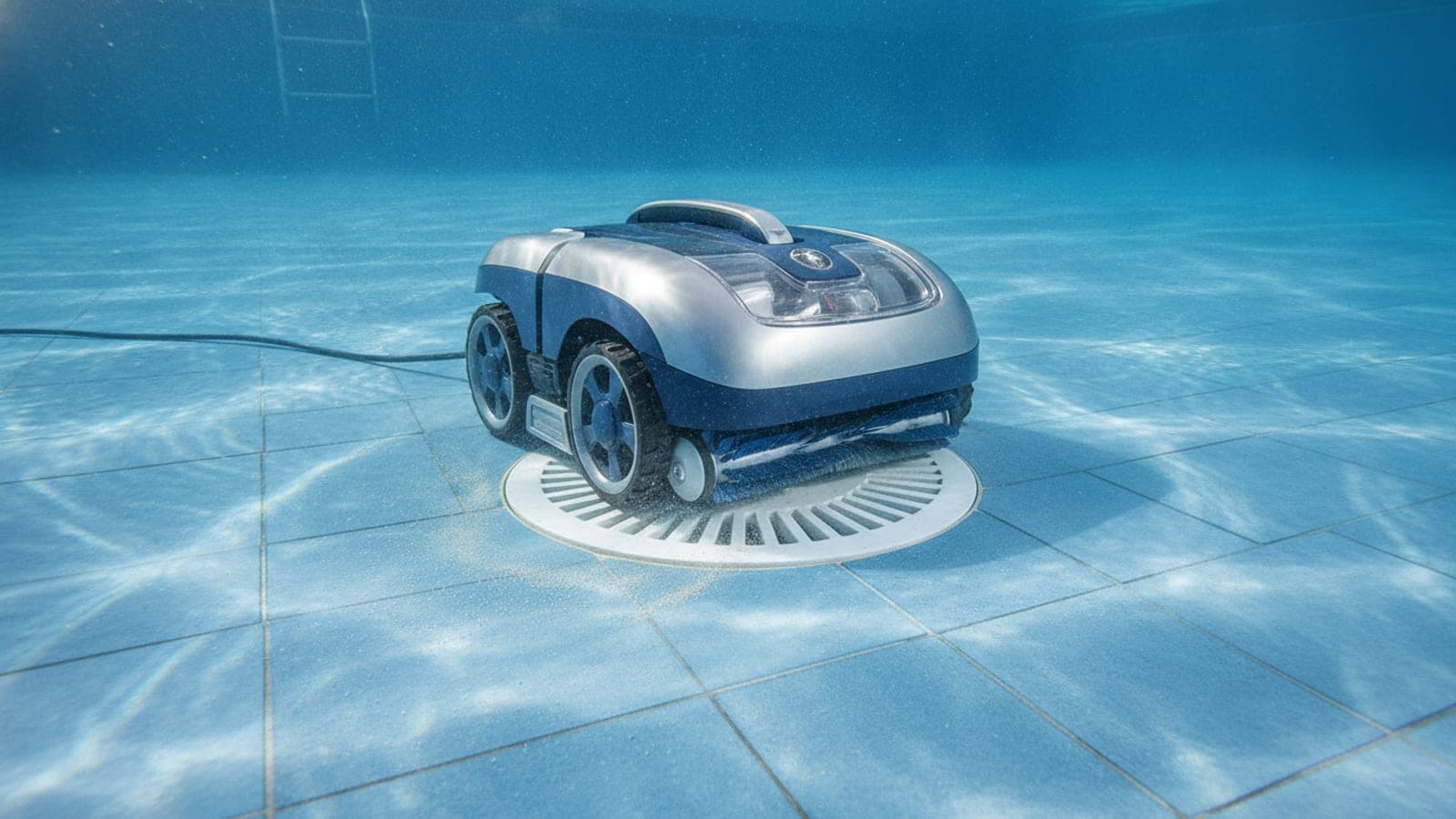 Robotic pool cleaner sitting over a raised main drain cover in a backyard swimming pool