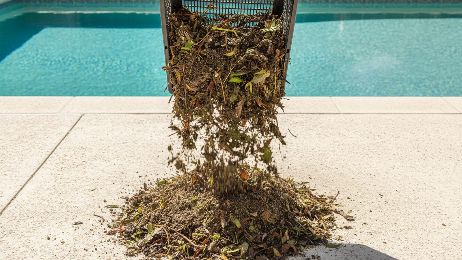 Pool robot beside visible dirt and fine debris on the pool floor
