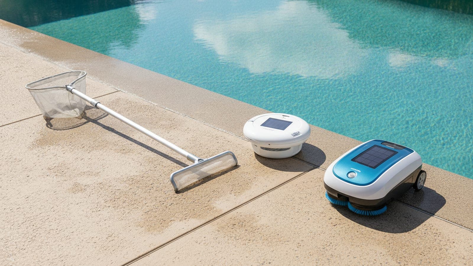 Different pool skimmer tools arranged beside a backyard pool for comparison