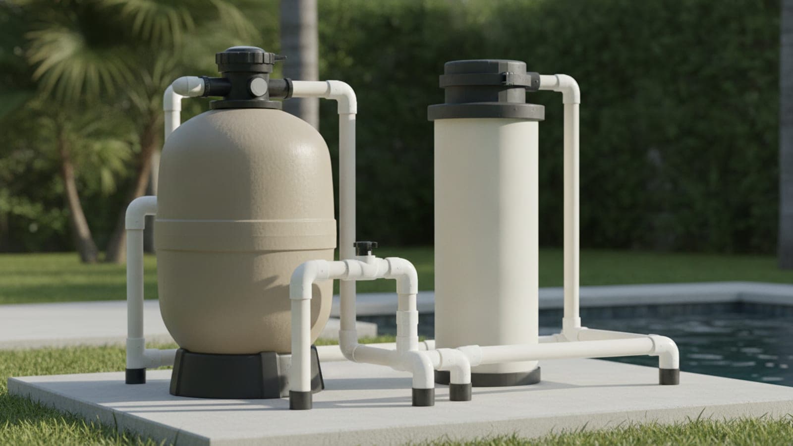 Pool sand filter tank and cartridge filter element shown side by side near a swimming pool equipment pad