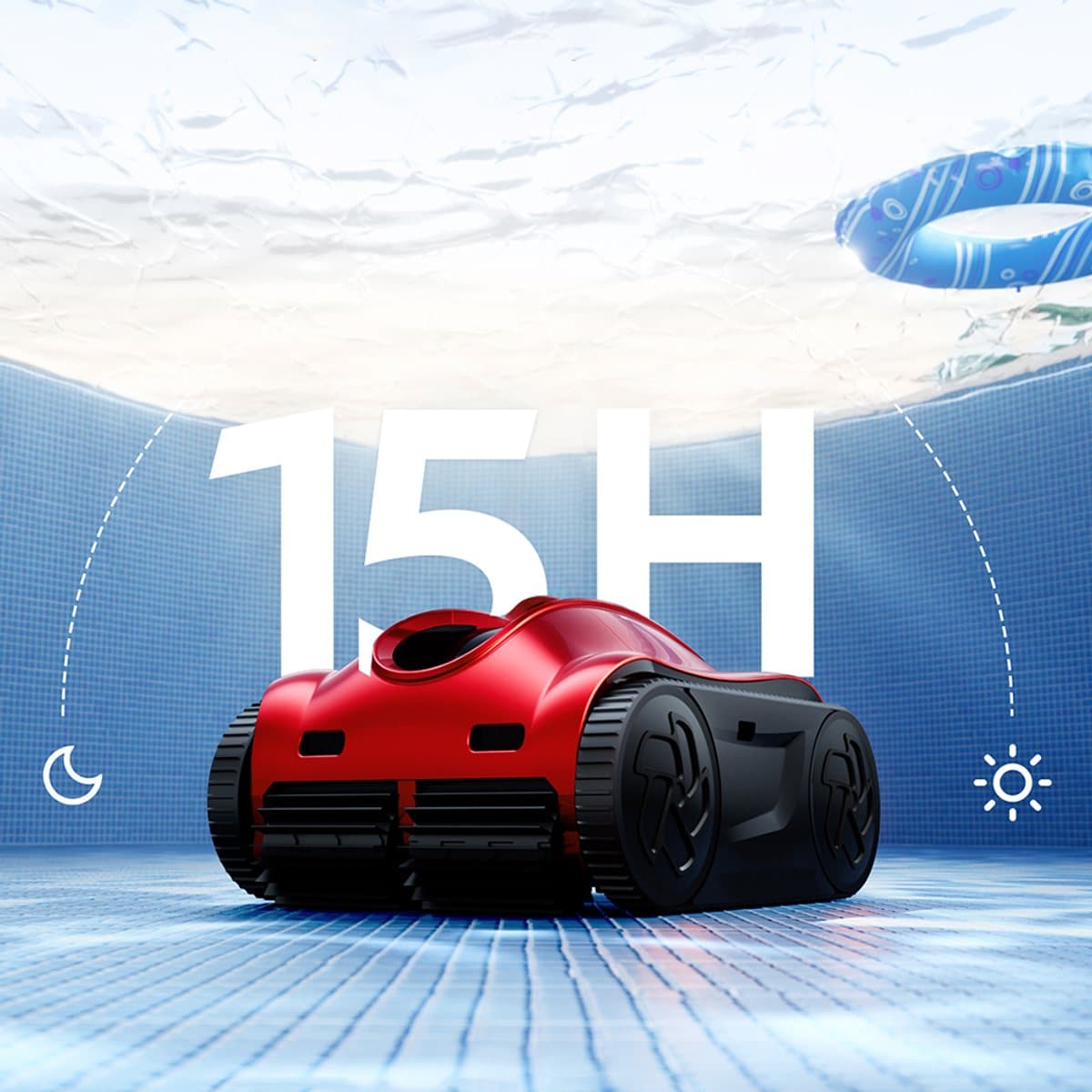 iGarden K Pro Series cordless robotic pool cleaner on its charging dock beside a large in-ground pool