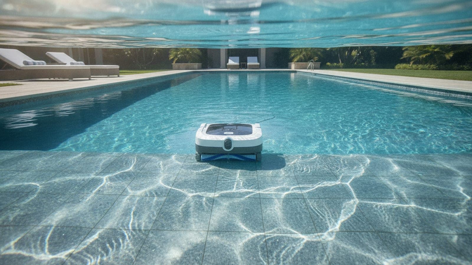 A robotic pool cleaner at work in a real backyard swimming pool