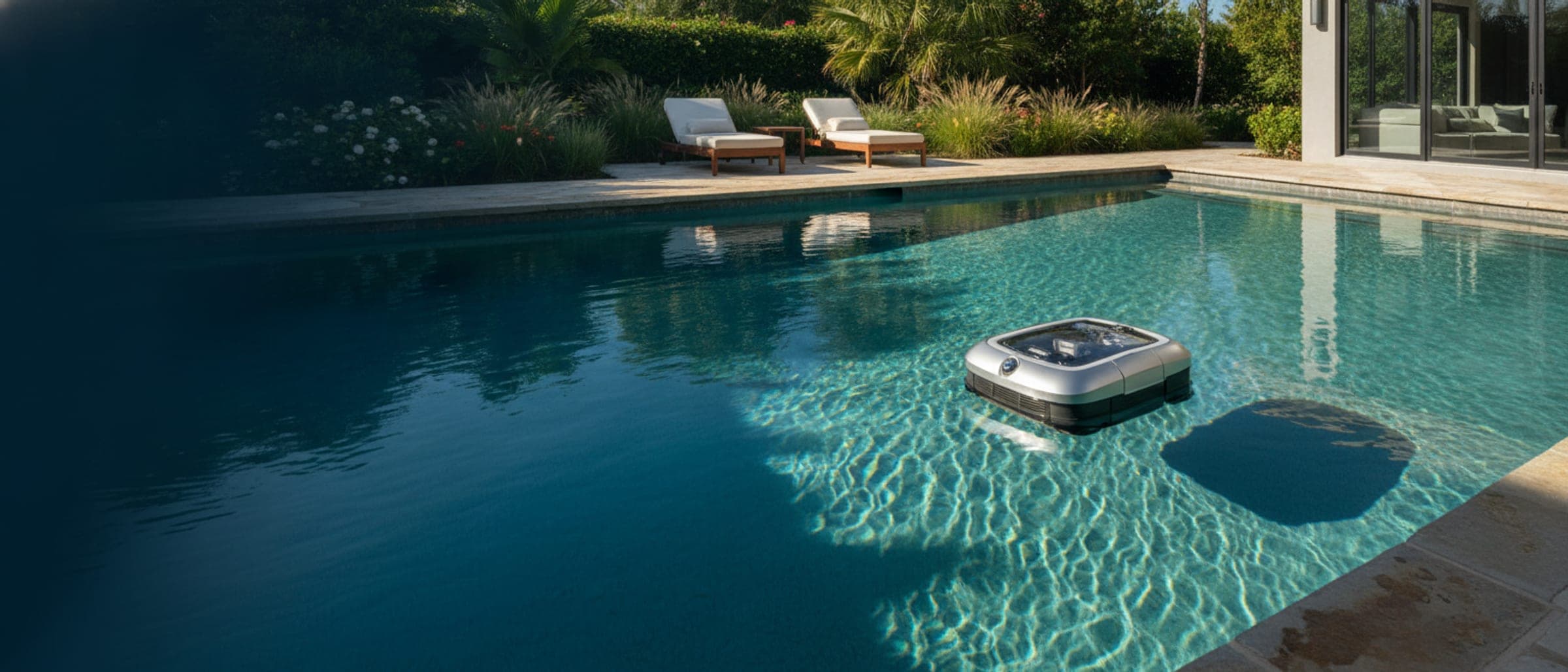 Robotic pool cleaner working in a backyard swimming pool